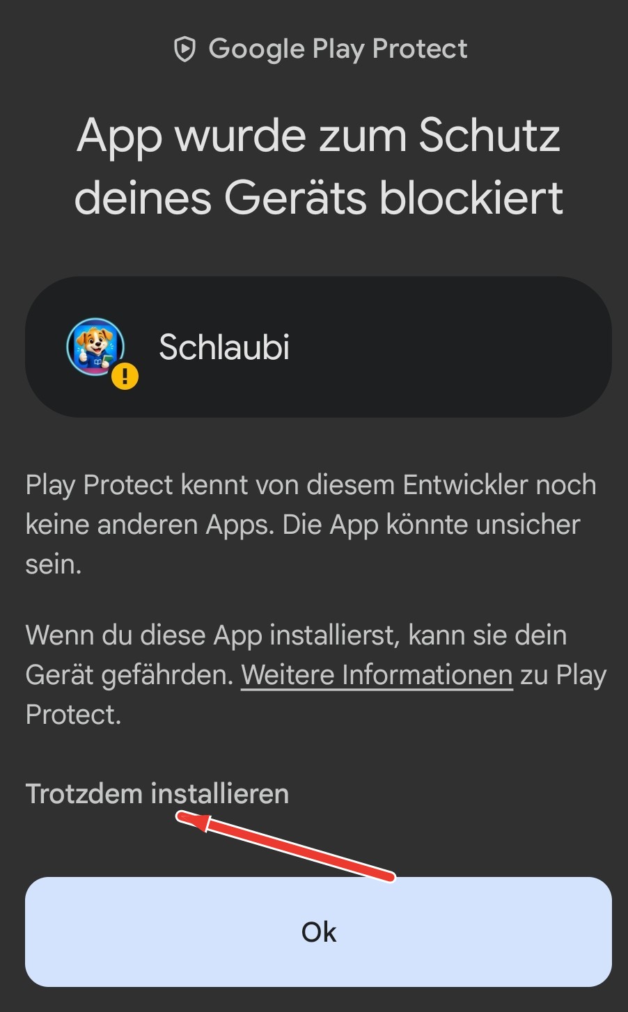 Auf „Trotzdem installieren“ tippen
